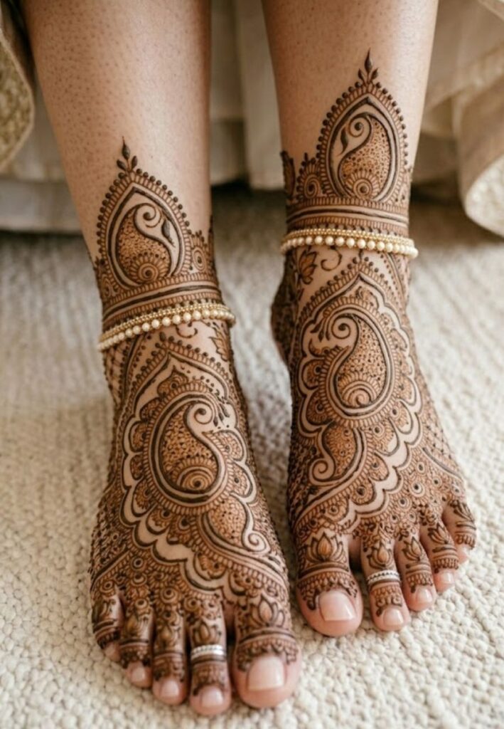Paisley bridal foot mehndi design with intricate traditional motifs