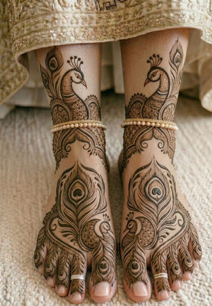 Peacock bridal foot mehndi design with elegant feather patterns