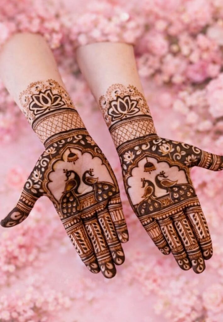 Peacock accent bridal mehndi design with elegant traditional detailing and modern bridal style