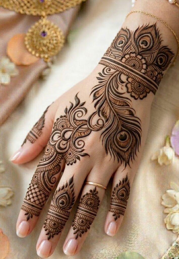 Peacock-inspired Arabic mehndi design for bridesmaids
