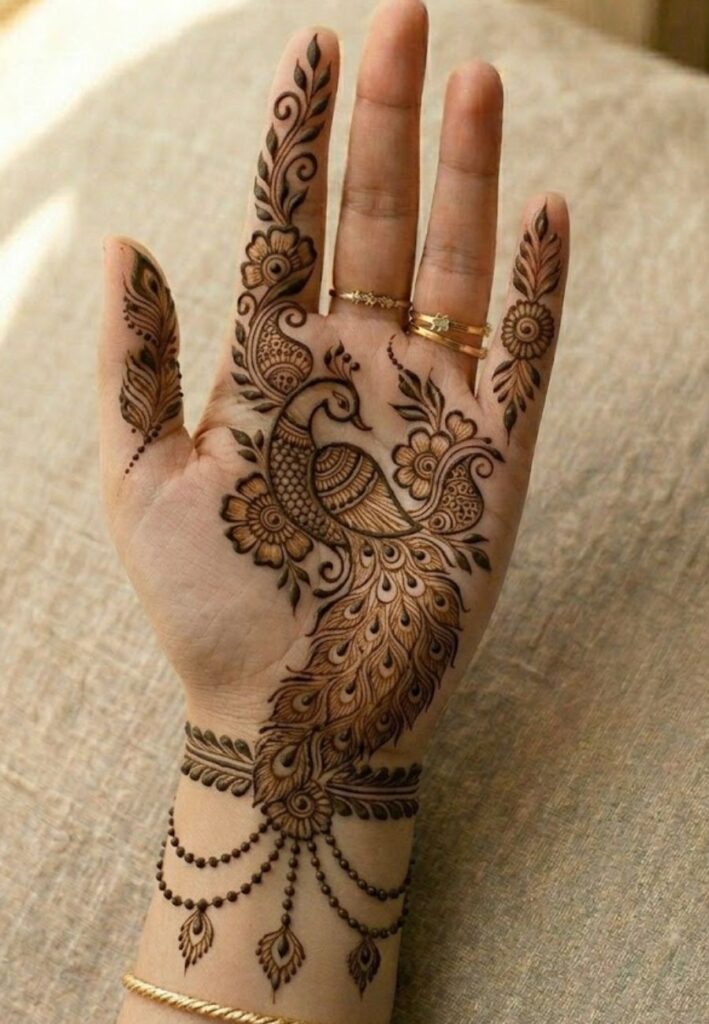 Peacock-inspired front hand mehndi design