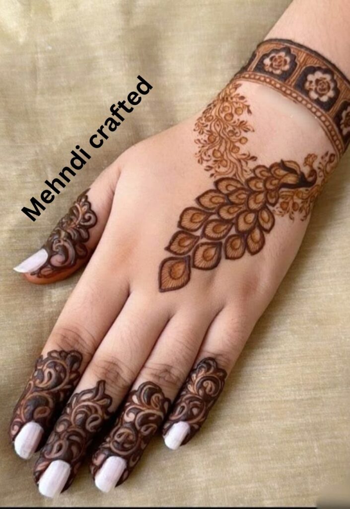 peacock swirl Eid mehndi design with intricate feather details