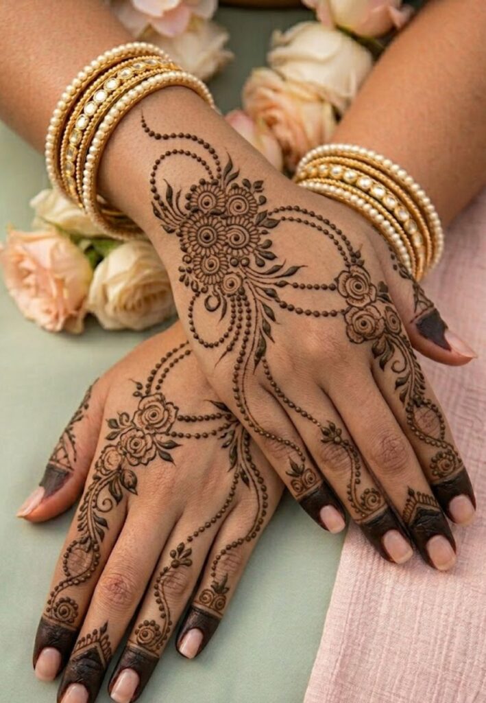 Pearl dot mehndi design with delicate floral patterns