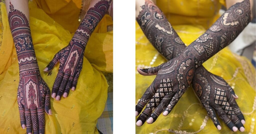 Traditional Bangladeshi Mehedi Shondha celebration with bridal henna designs