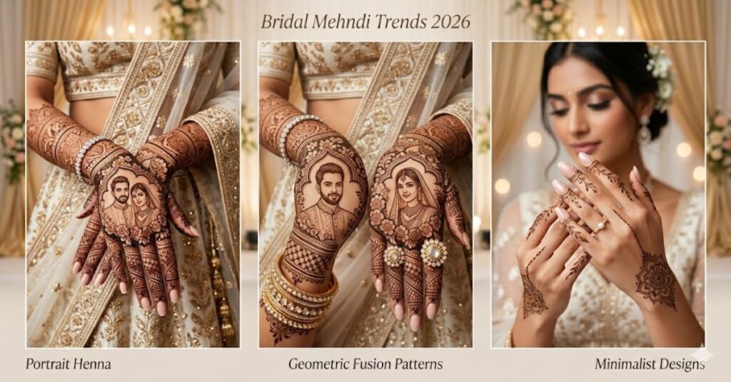 Portrait bridal mehndi design featuring bride and groom sketch in henna