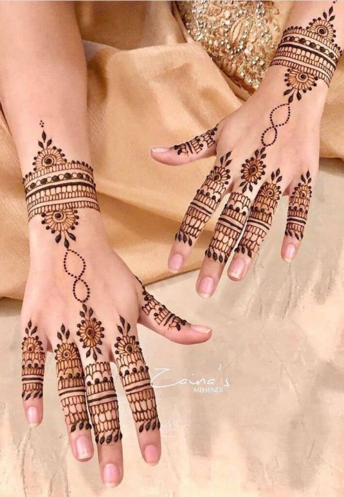 Ring chain bridal mehndi featuring delicate finger jewelry inspired henna details