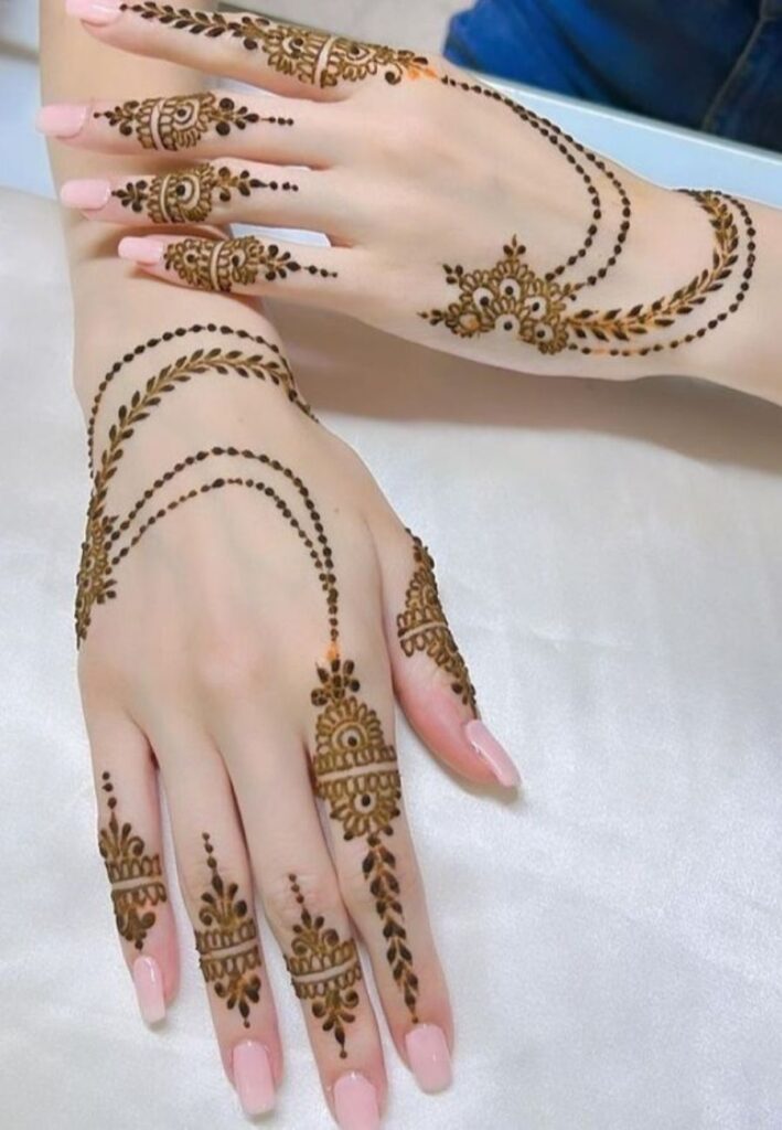 Ring chain bridal mehndi featuring delicate finger jewelry inspired henna details