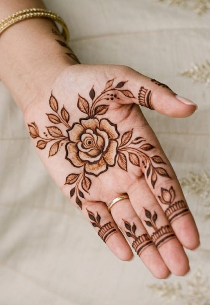 Rose motif floral mehndi design centered on palm with detailed petals and elegant henna strokes