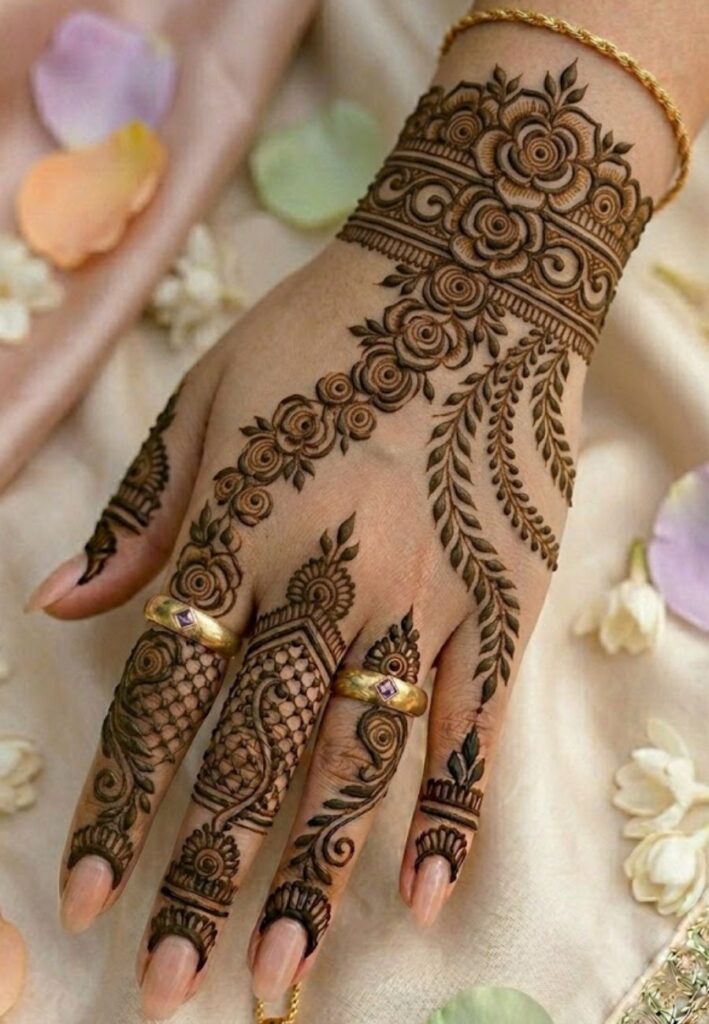 Rose trail Arabic mehndi design for bridesmaid hands