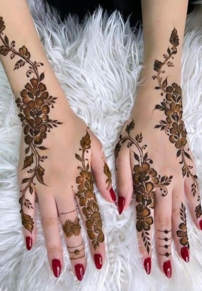 Rose vine bridal mehndi featuring floral trails and elegant modern henna detailing