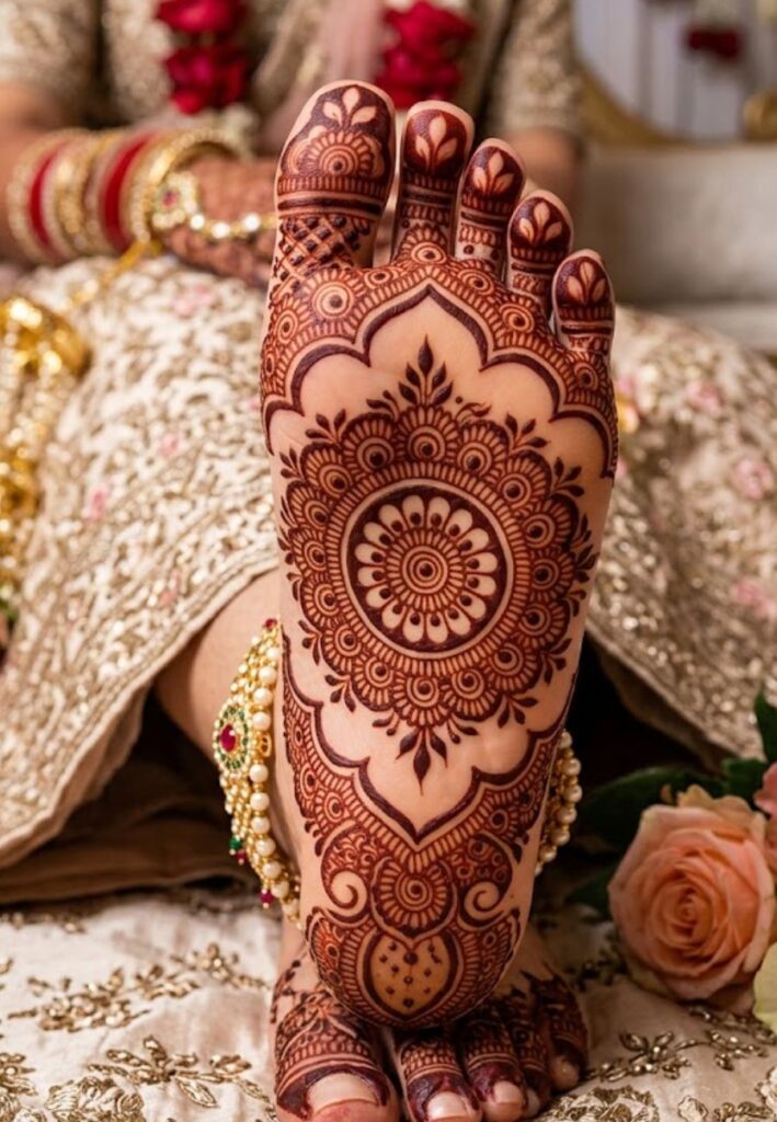 Royal mandala bridal foot mehndi design with symmetrical circular patterns