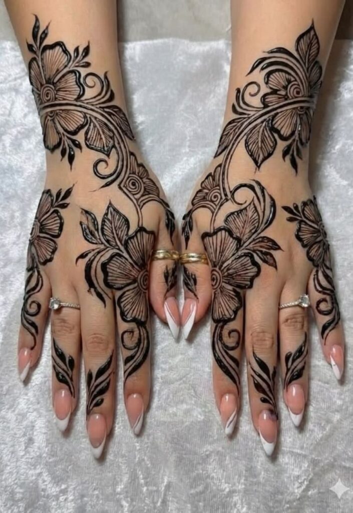 Royal Dubai Arabic Mehendi Design with bold floral curves and luxurious bridal detailing.