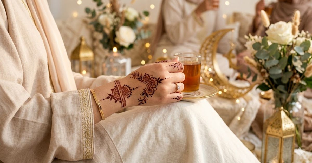 Simple Eid Mehndi Designs 2026 for Beginners featuring elegant minimal Arabic henna on hand with Eid festive aesthetic