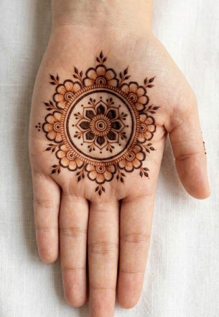 Simple mandala palm center mehndi design for beginners with circular floral pattern
