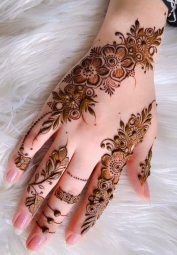 Sleek diagonal Dubai Arabic Mehendi Design with flowing vine pattern.