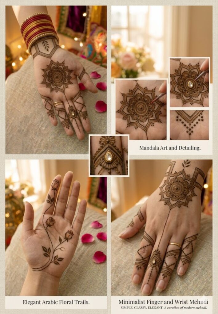 Styling tips for mehndi photos with simple front hand henna design and traditional accessoriesStyling tips for mehndi photos with simple front hand henna design and traditional accessories
