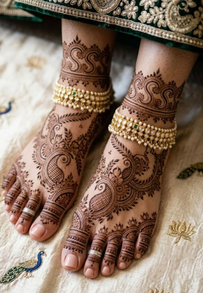 Symmetrical bridal foot mehndi design with balanced mirror patterns