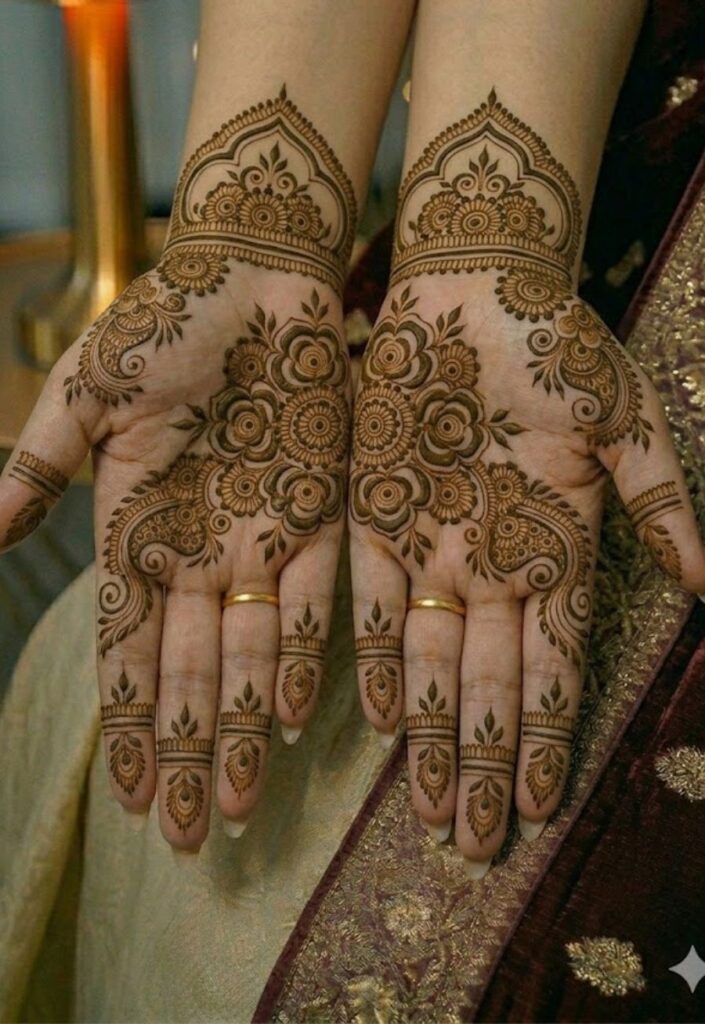 Symmetrical front hand Dubai Mehendi Design with balanced floral artistry.