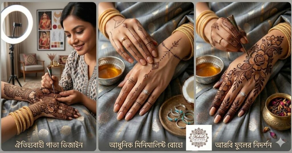 **Professional Bangladeshi mehndi artist creating bridal henna design in modern Dhaka studio**
