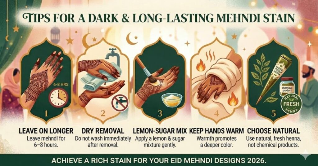 Ek infographic jo Eid Mehndi 2026 ke liye gehra rang hasil karne ke tips dikha raha hai, jaise 6-8 ghante lagaye rakhna aur lemon-sugar mix ka istemal. Ismein natural henna aur warmth ke zariye stain ko behtar banane ke panch mofeed tareeqe shamil hain.
