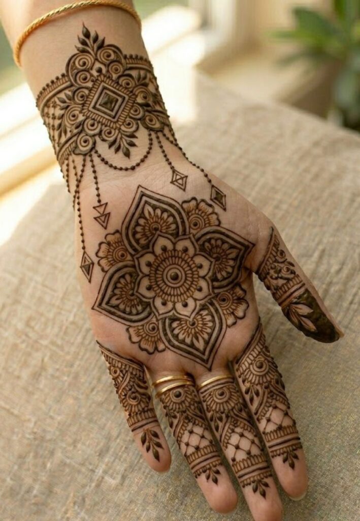 Dark mehndi stain on simple front hand henna design