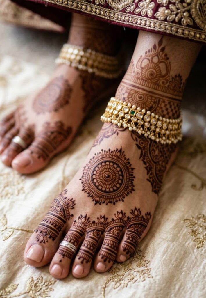 Toe ring mehndi design on bridal feet resembling jewelry patterns