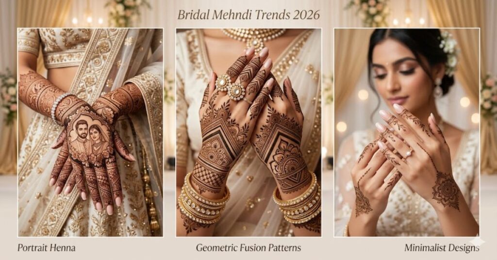 Top bridal mehndi trends 2026 including portrait and geometric designs