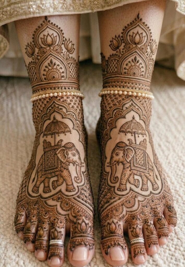 Traditional Indian bridal feet mehndi with rich cultural detailing