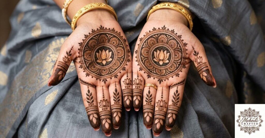 Traditional Bengali alpana inspired mehndi design on hands
