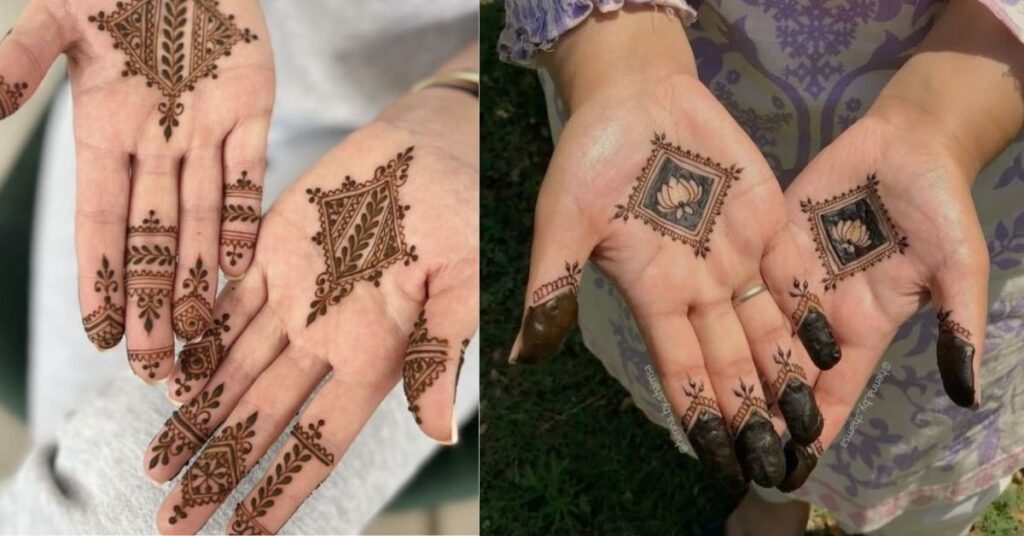 “Fusion two palm mehndi designs with bold and fine line art”