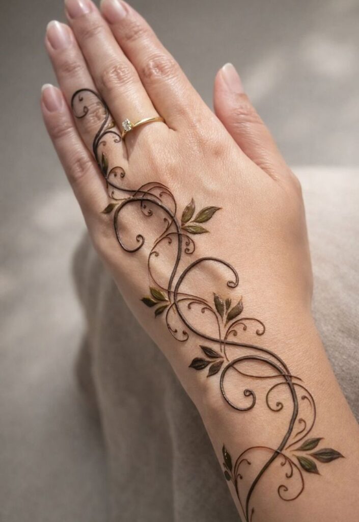 Simple vine and leaf floral mehndi design flowing across hand in minimalist organic henna style