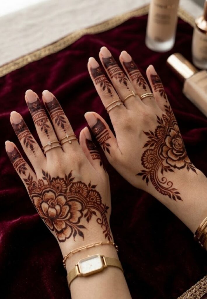 Trendy TikTok mehndi pose with stylish bridal henna