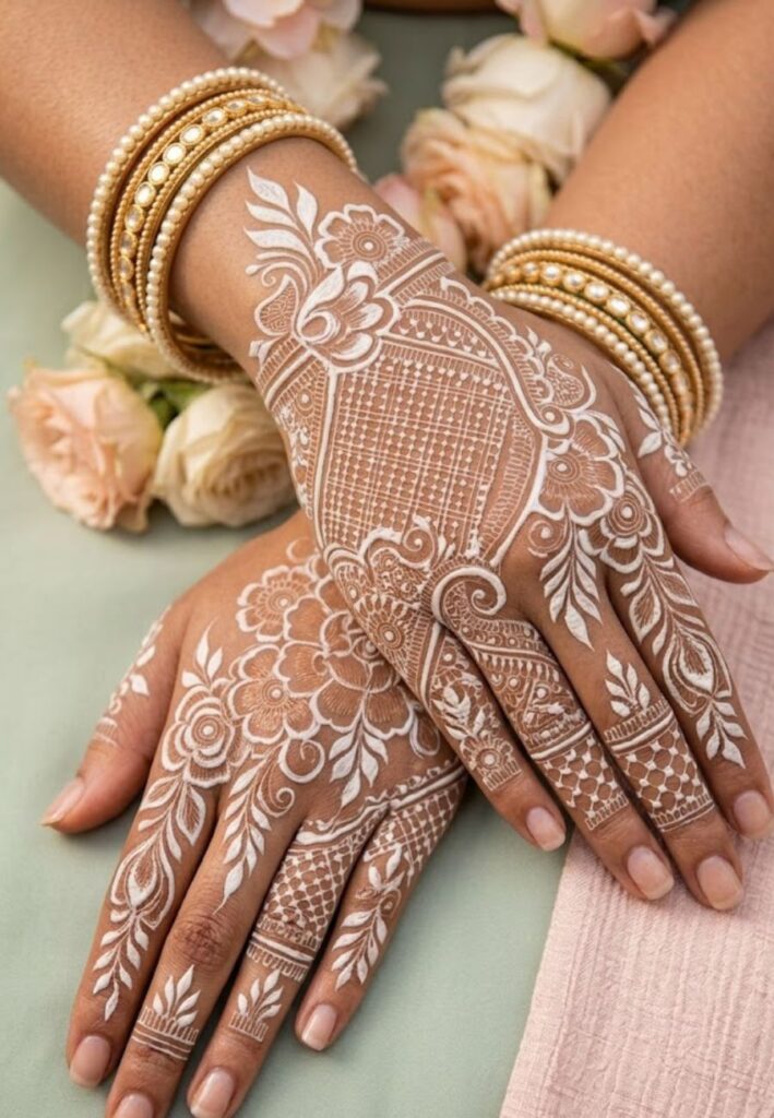White henna inspired mehndi design with modern bridal style