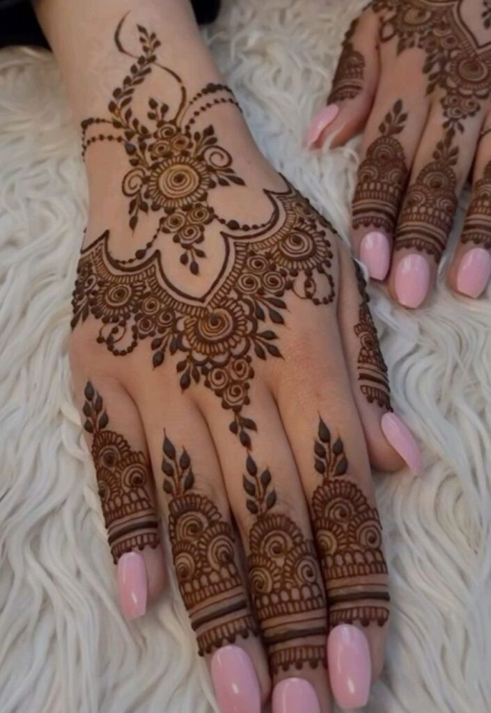 Delicate wrist chain mehrab mehndi design inspired by bracelet jewelry with fine lines and feminine henna details
