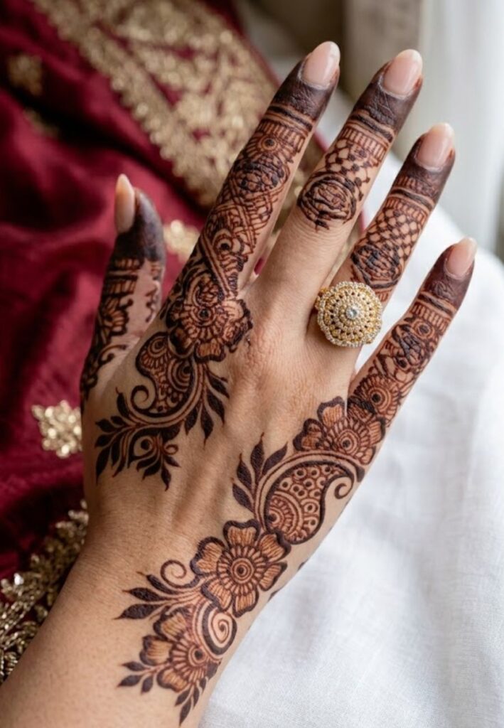 Arabic finger mehndi design with bold floral details