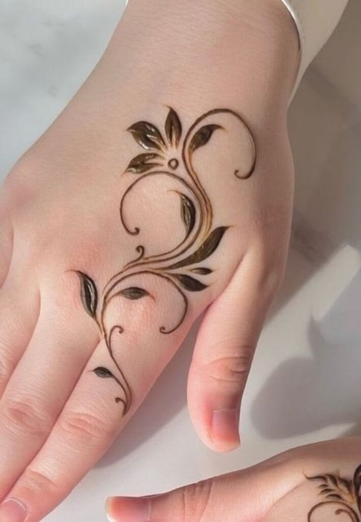 Elegant Arabic henna tattoo design with floral vine patterns on back hand