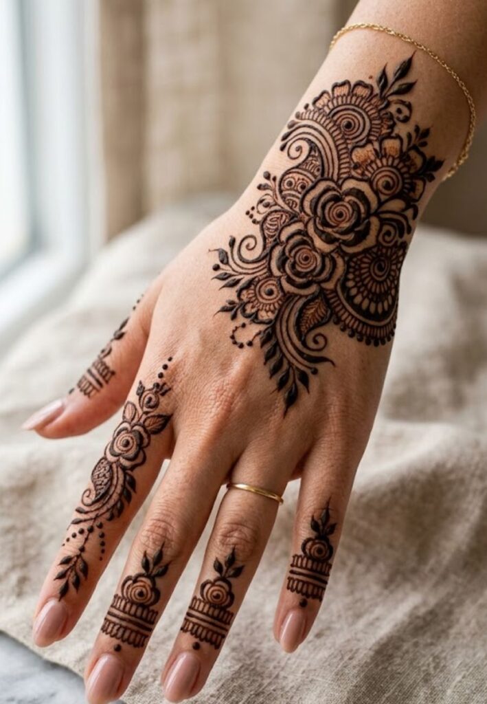 Back hand Khafif mehndi design with Arabic floral patterns.