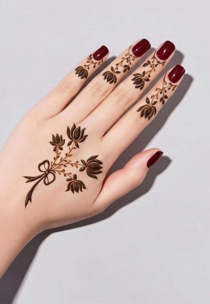 Stylish back hand henna tattoo design with bracelet and floral net patterns