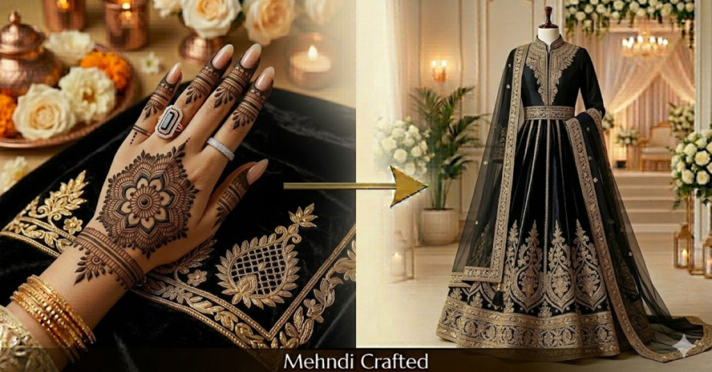 Black dress bold mehndi designs modern stylish henna look