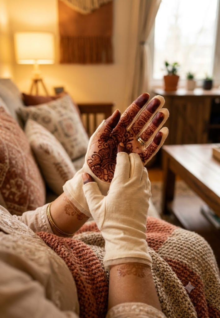 Hands with mehndi kept warm to help achieve a darker stain naturally