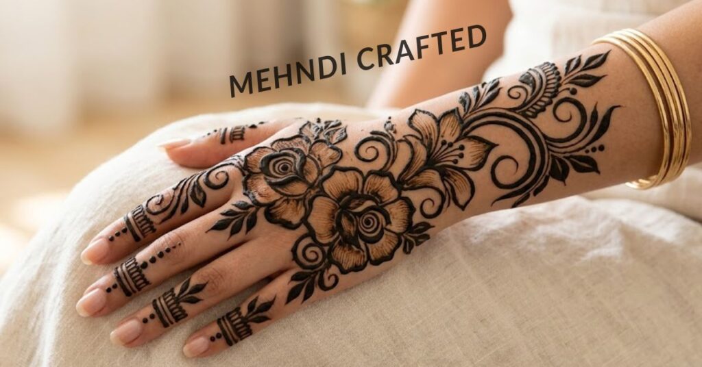 Bold floral Arabic mehndi.