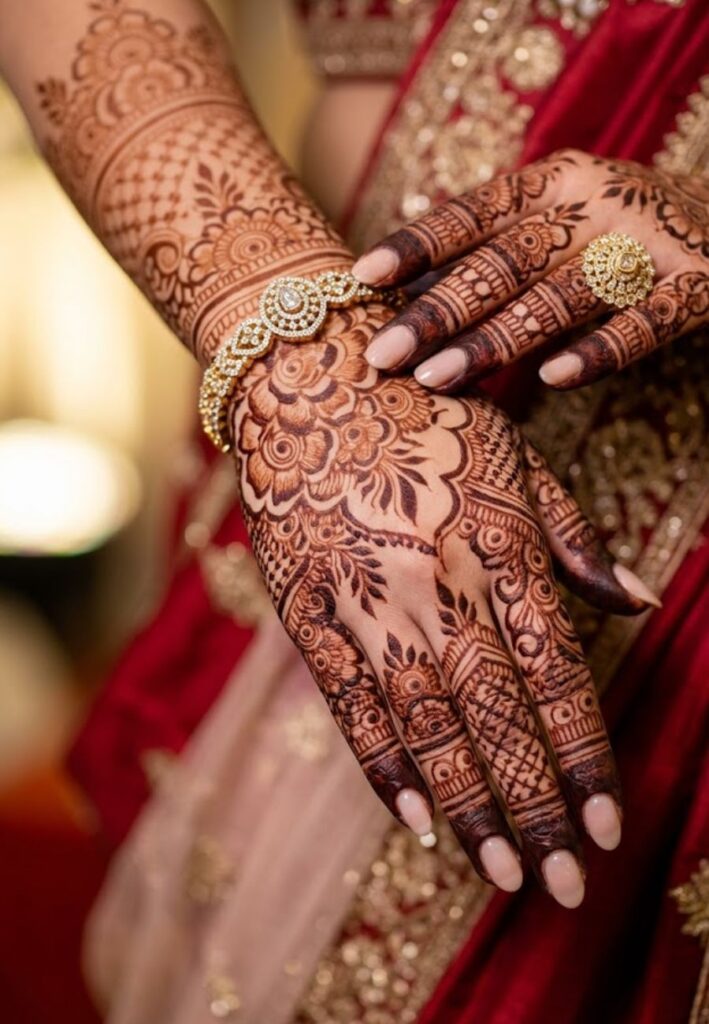Bridal finger mehndi design with detailed wedding patterns