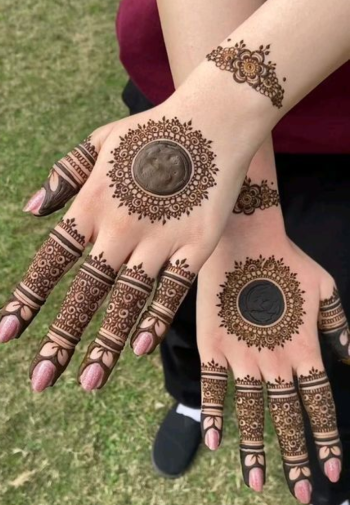 Intricate bridal circle mehndi design with traditional detailing