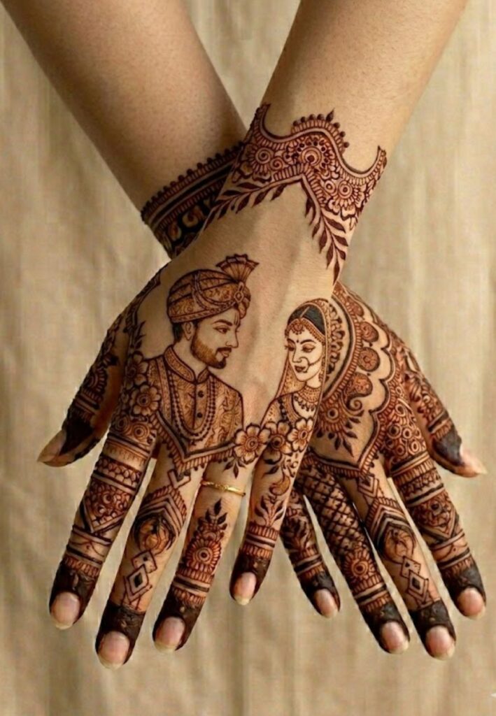 Traditional bridal henna tattoo design with full hand coverage and detailed patterns