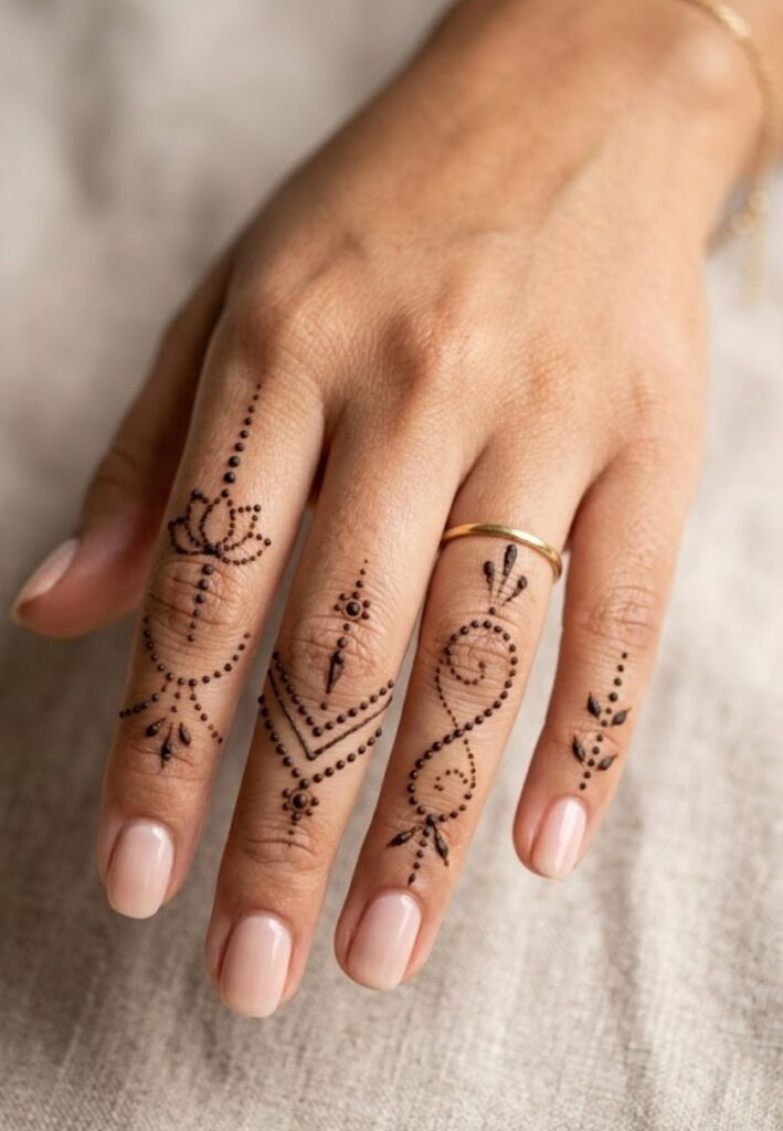 Dot work finger mehndi design with artistic detailing