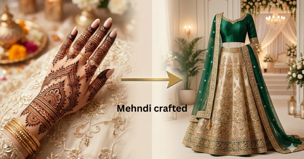 Modern girl showing dress matching mehndi designs 2026 with elegant outfit