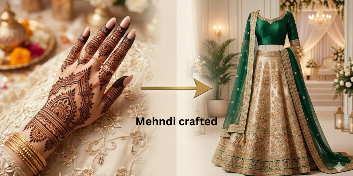 Modern girl showing dress matching mehndi designs 2026 with elegant outfit