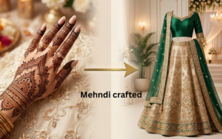 Modern girl showing dress matching mehndi designs 2026 with elegant outfit