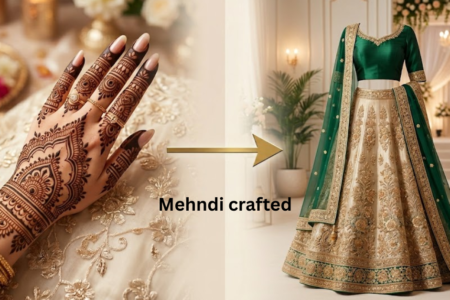 Modern girl showing dress matching mehndi designs 2026 with elegant outfit