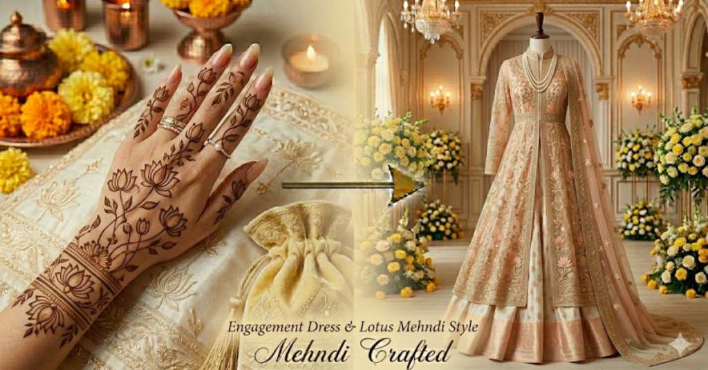 Engagement mehndi styles featuring delicate floral and geometric henna patterns designed for a modern and elegant bridal engagement look.